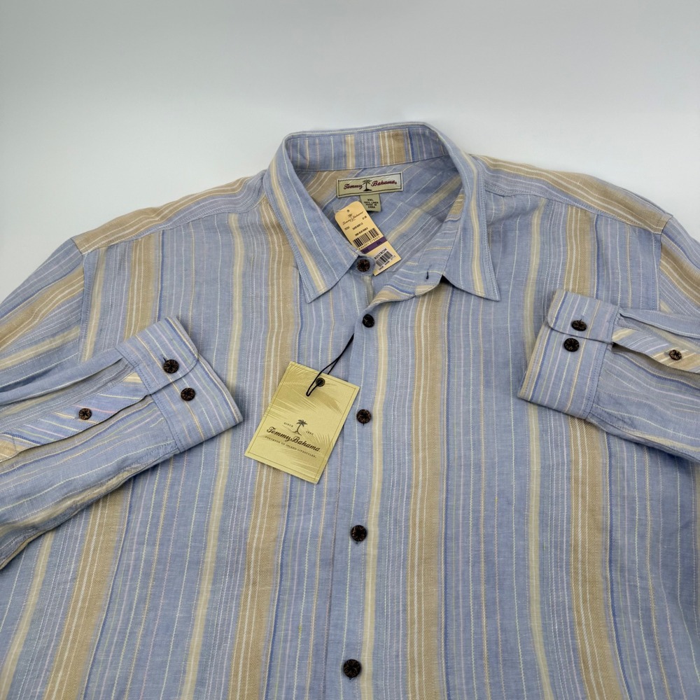 Tommy Bahama Linen Stripe Button Down Shirt Long Sleeve XXL Blue Tan T31261 NWT